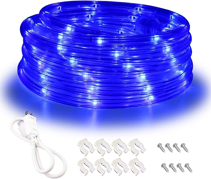 Blue LED Lights, 16ft Rope Lights, Connectable and Flexible Blue Strip Lighting, High Brightness 3528 LEDs with Clear PVC Jacket, Waterproof Weatherproof for Indoor Outdoor Use