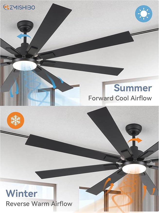 ZMISHIBO 72 inch Large Ceiling Fans with Lights and Remote, Indoor/Outdoor Black Modern Ceiling Fan for Kitchen Living Room Patio, 6 Speed Reversible Quiet DC Motor, 3 CCT, Dual Finish 8 Blades