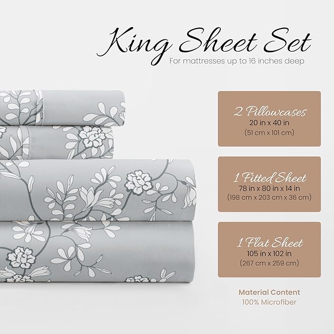 Linen Market 4 Piece King Sheet Set - Breathable, Double-Brushed Patterned Cooling Sheets – Oeko-TEX Certified Ultra Soft & Wrinkle-Free 16" Deep-Pocket King Sheets - Easy Care Trellis Vine Gray