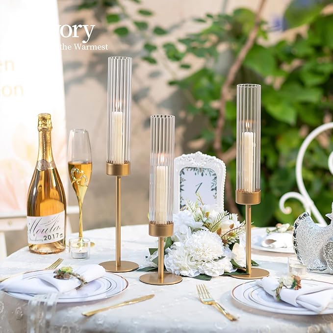 Hewory Gold Hurricane Candle Holders: Brass Candlestick Holders Set of 3 Tall Taper Candle Holders for Candlesticks Candle Sticks Holder Decor for Table Centerpiece Wedding Party Christmas Decorations