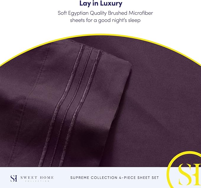 1800 Supreme Collection - Breathable Luxury Full Size Sheet Set with Full Elastic & Secure Corner Straps Built In, Extra Soft Deep Pocket Bedding, Purple