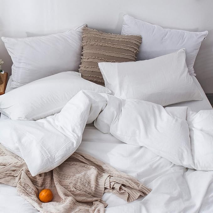 MooMee Bedding Duvet Cover Set 100% Washed Cotton Linen Like Textured Breathable Durable Soft Comfy (Solid Off White, Oversized Queen 98"x98")