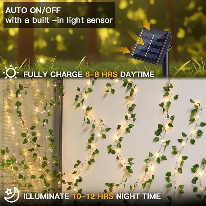 suddus Solar Fairy Lights, 33ft 100 Led Pothos Leaf Solar String Lights Outdoor Waterproof, 8 Modes Vines with Lights for Balcony, Deck, Patio, Garden, Fence,Wedding (Warm White)