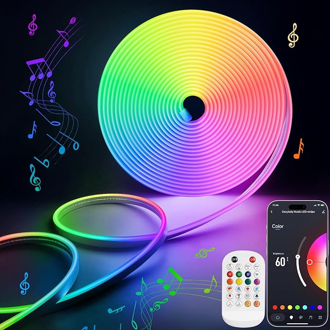 Lamomo RGB Neon LED Strip Lights, 16.4Ft Led Neon Rope Lights with App Remote Control, Music Sync, Indoor IP65, Waterproof, Flexible DIY Lights Design for Bedroom, Living, Gaming Room, Party Decor