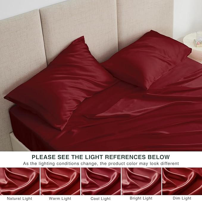 Love's cabin Full Size Satin Sheet Sets - 4 Piece Burgundy Silky Satin Sheet Set Full with Deep Pocket, Luxury Silk Feel Satin Bed Sheets Full Bedding Set (1 Flat Sheet,1 Fitted Sheet,2 Pillow Cases)