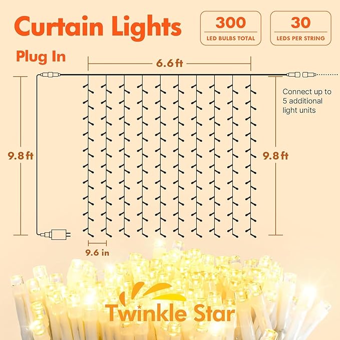 Twinkle Star 300 LED Window Curtain String Light Wedding Party Home Garden Bedroom Outdoor Indoor Wall Decorations, Warm White