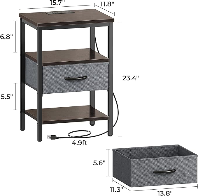 SUPERJARE Nightstand with Charging Station, Bed Side Table with Adjustable Fabric Drawer, Night Stand for Bedroom, 3-Tier Storage End Table, for Living Room - Walnut