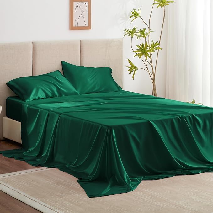 Love's cabin Twin Satin Sheet Set - 3 Piece Dark Green Silky Bed Sheets with Deep Pockets, Luxury Silk Feel Satin Twin Size Sheet Set Bedding Set (1 Flat Sheet,1 Fitted Sheet,1 Pillow case)