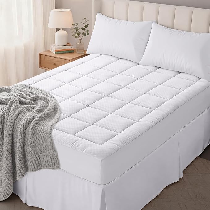 OLANLY California King Quilted Fitted Mattress Pad – Soft Pillow Top Mattress Topper, Down Alternative Fill, Cooling Breathable Mattress Cover, Machine Washable Deep Pocket Mattress Protector, White