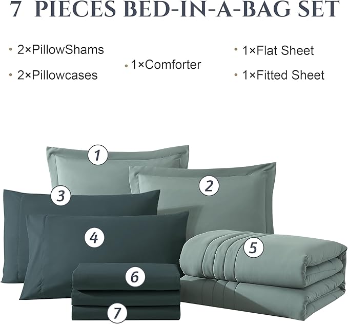 Monbix Oversized Queen Comforter Set - 7 Pieces Sage Green Bed in a Bag Queen Bedding Sets with Comforters, All Seasons Down Alternative Comforter Bed Set with Sheets,Pillowcases & Shams
