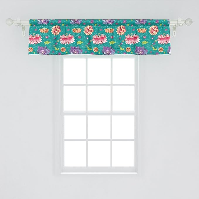 Ambesonne Floral Window Valance, Pattern with Lotus Flowers Peonies and Chrysanthemums Oriental Motifs Garden Art, Curtain Valance for Kitchen Bedroom Decor with Rod Pocket, 54" X 12", Teal