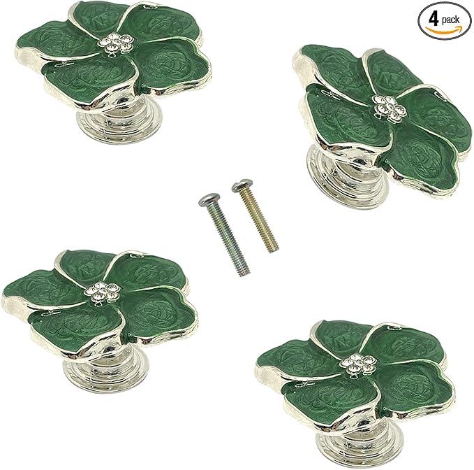 4 White Flower Petal Handles Kitchen Cabinet Drawer Knobs & Pulls (Green Screws)