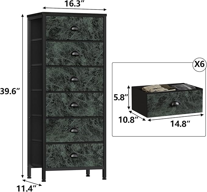 Furnulem Vertical Dresser for Bedroom,Tall Storage Tower Unit and Chest with 6 Drawers,Vintage Green Nightstand Furniture with Fabric Drawer Organizer in Dorm, Living Room,Closet,Entryway,Hallyway