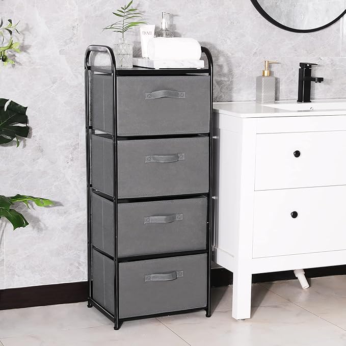 MAX Houser 4 Drawer Fabric Dresser Tall Storage Tower, Dresser Chest with Wood Top, Vertical Nightstand Side Organizer Unit with Metal Frame for Closets Bedroom Nursery Room Hallway(Leaden)