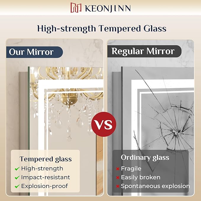 Keonjinn LED Bath Mirror 40” x 36” with Frontlit and Backlit, Stepless 3 Colors Temperature & Dimmable Vanity Mirror, UL Listed LED Driver, Double Light Strips, Anti-Fog Wall Mirror with Lights