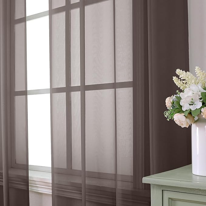 Aiyufeng Chocolate Sheer Curtains 54 Inches Long 2 Panels, Solid Voile Top Dual Rod Pockets Stylish Breathable Drapes Window Treatment for Kid's Room/Bedroom/Living Room, 42W x 54L, Chocolate Brown