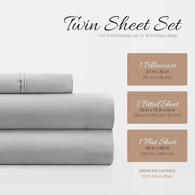 Linen Market Double-Brushed Microfiber Twin XL Sheet Set 3 Piece – Oeko-TEX Certified Ultra Soft & Wrinkle-Free - 16" Deep Pocket Sheets - Easy Care Twin XL Size - Light Gray