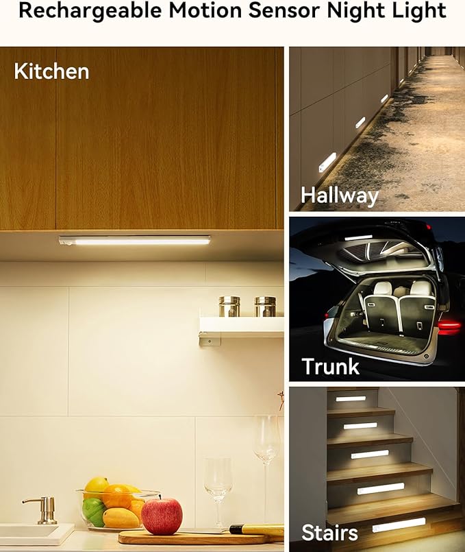 Under Cabinet Lighting 4 Inches Rechargeable Motion Sensor Light Indoor, 3 Color Dimmable Closet Light Battery Operated, USB Stick on LED Magnetic Under Counter Lights for Kitchen Stair,12 Packs