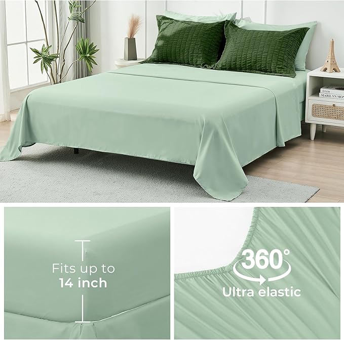 HYMOKEGE Dark Green/Sage Green Queen Comforter Set Seersucker 7 Pieces, All Season Luxury Bed in a Bag Queen for Bedroom, Bedding Set with Comforter, Sheets, Pillowcases & Shams