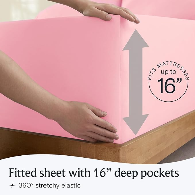 LuxClub 4 PC Sheet Set Bed Sheets Deep Pockets 16" Eco Friendly Wrinkle Free Cooling Machine Washable Hotel Bedding Silky Soft - Baby Pink Full