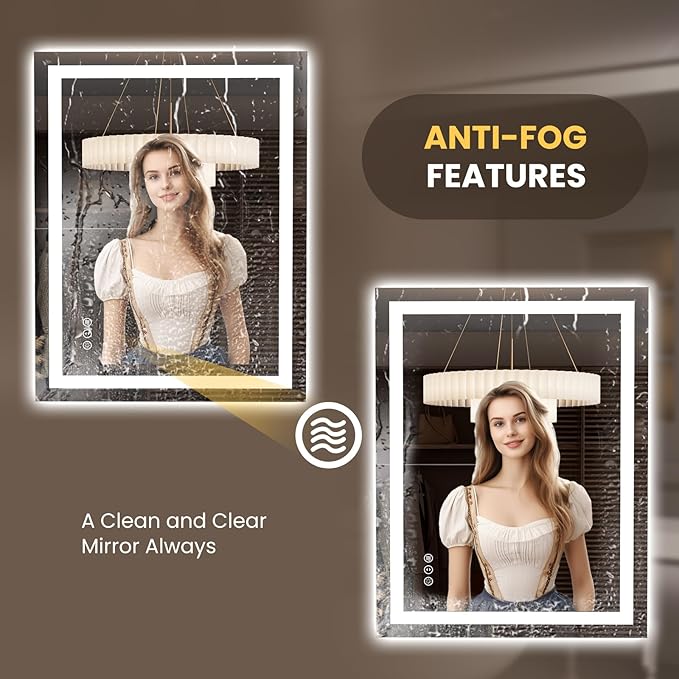 LOAAO 27.6"x35.4" LED Mirror for Bathroom, Lighted Bathroom Mirror with Lights, Anti-Fog, Dimmable, Memory Function, Easy to Install, Clear Reflection