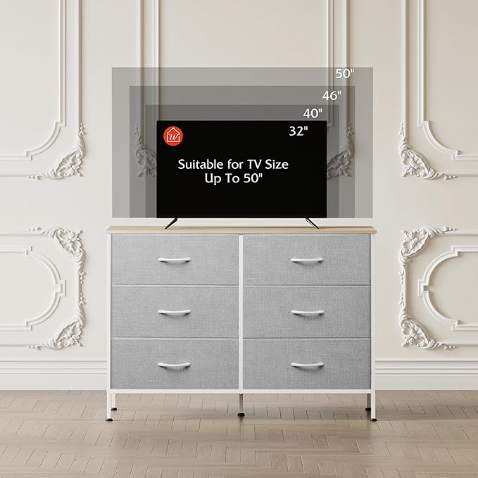 WLIVE 6 Drawer Dresser for Bedroom, Wide Fabric Dresser TV Stand for 50 Inches TV with Metal Frame, Wooden Top, Chest of Drawers, Storage Organizer for Living Room, Hallway, Light Grey