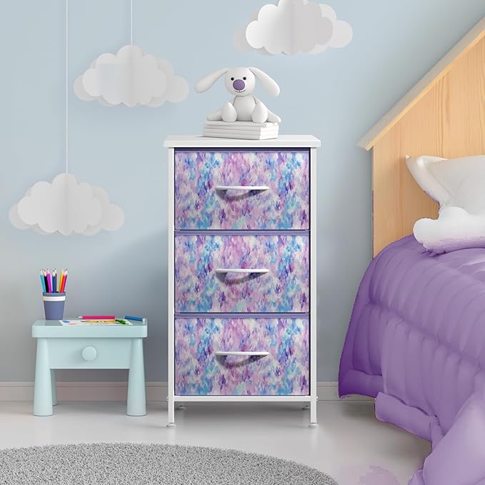 Sorbus Nightstand Storage Organizer Chest with 3 Drawers - Kids Girls, Boys Bedroom Furniture Chest for Clothes, Closet Organization - Steel Frame, Wood Top, Fabric Bin (3-Drawer, Blue/Pink/Purple)