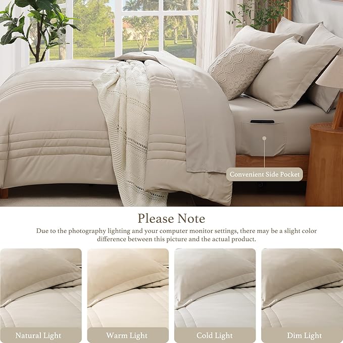 Monbix Full Size Comforter Set - 7 Pieces Beige Bed in a Bag Full Size Bedding Sets with Comforters, All Seasons Comforter with Sheets,Pillowcases & Shams