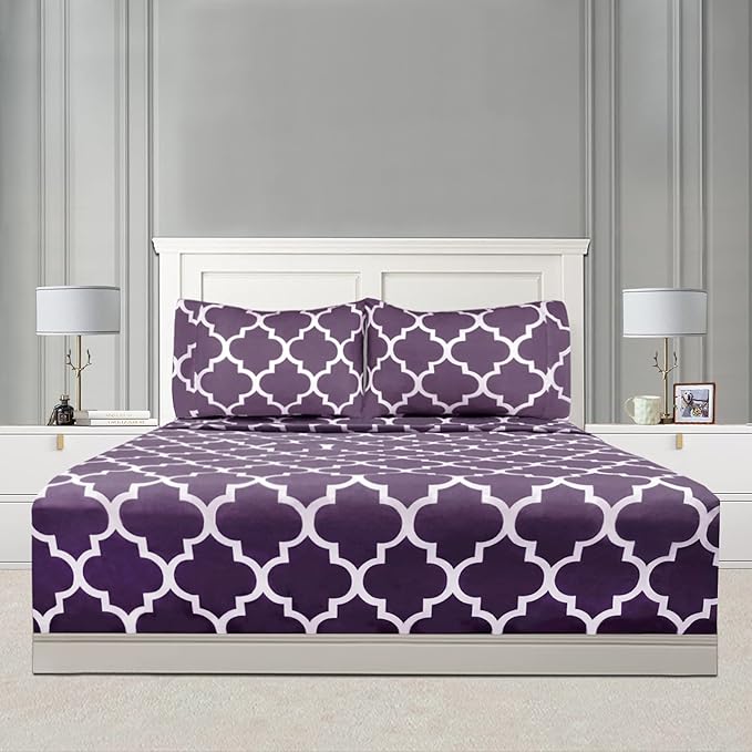 Mejoroom Queen Bed Sheet Set - Super Soft Brushed Microfiber 1800 Thread Count Queen Sheets with 16 inch Deep Pocket - Wrinkle Free - 4 Piece(Queen, Purple Quatrefoil with White Pattern)