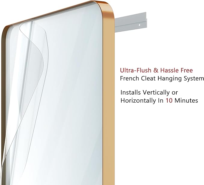 VocalStar 18 x 26 Inch Gold Bathroom Mirror for Wall, Metal Framed Rounded Rectangle Vanity Mirror, 1/4-inch Shatterproof Glass | Ultra-Flush Hanging