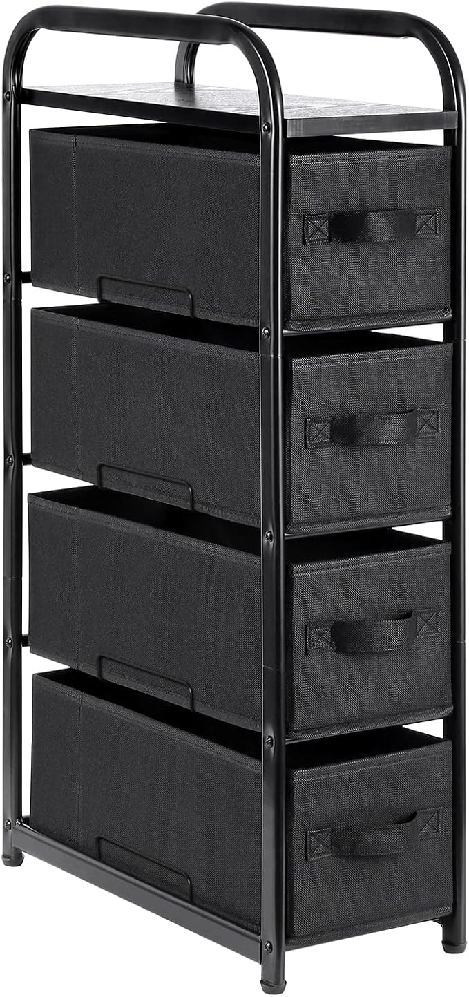 MAX Houser 4 Drawer Narrow Dresser Fabric Storage Tower Vertical Slim Storage Chest Organizer Nightstand Side/End Table Small Standing Organizer Removable Drawers Wood Top for Bedroom, Bathroom（Black)