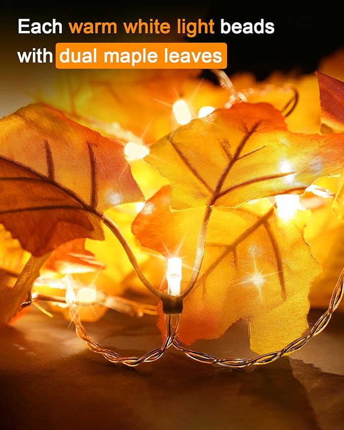Luditek Fall Decor 3-Pack Fall Leaf Garland with Lights, Total 24.6ft 60 LED Halloween String Lights, Thanksgiving Decorations for Home Holiday Autumn Indoor Friendsgiving Gift