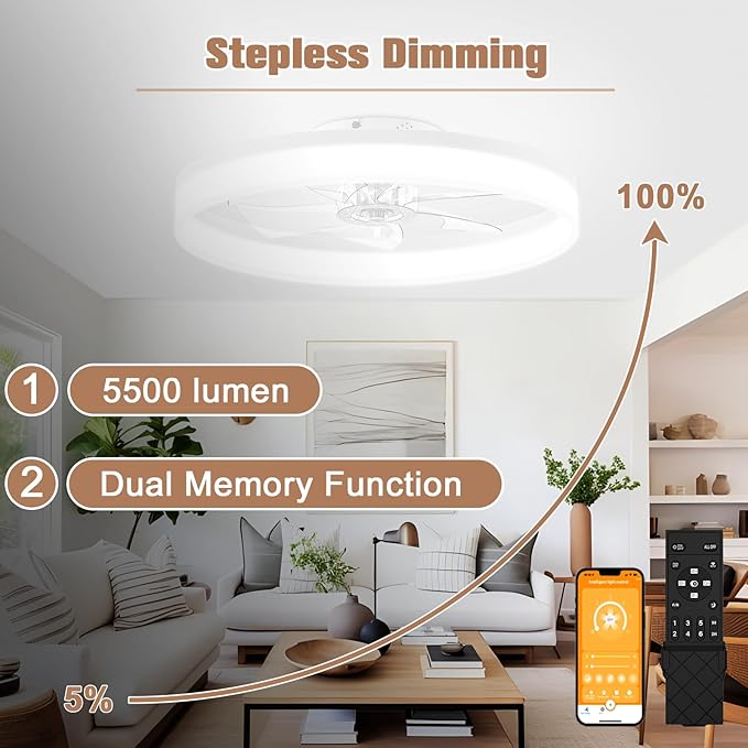 VOLISUN Low Profile Ceiling Fans with Lights and Remote, 23.6in Flush Mount Ceiling Fans with Light, 3000K-6500K Dimmable Fandelier LED Fan Lights, Bladeless Ceiling Fan with Light for Bedroom(White)