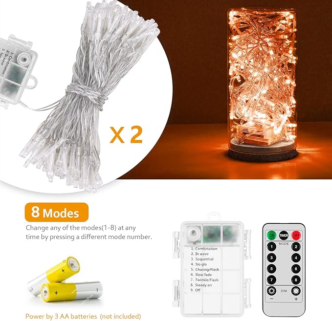 Battery Operated String Lights, 2 Pack With Remote Timer - 8 Modes Waterproof Lights for Bedroom, Garden, Party, Xmas Tree Indoor Outdoor Decorations (Orange, 36)