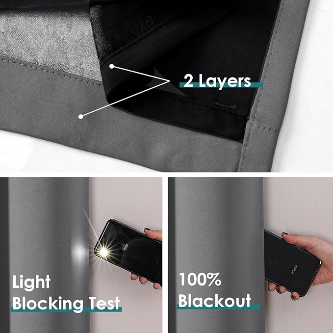 ChrisDowa 100% Blackout Curtains 80 inch Long for Bedroom with Black Liner, 2 Thick Layers Total Blackout Thermal Insulated Grommet Window Curtains 2 Panels Set (Grey, 52 x 80 Inch)