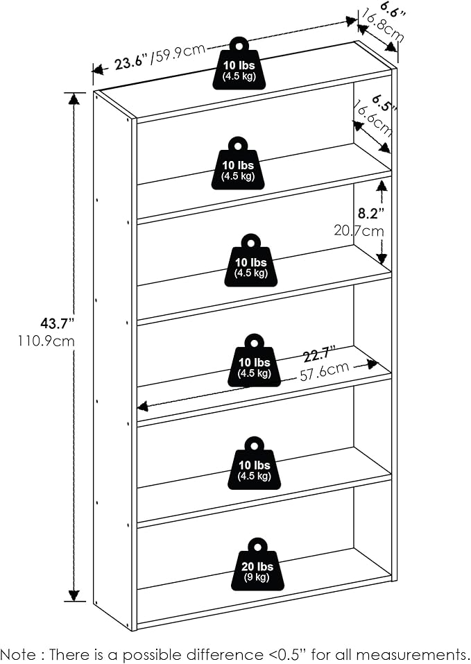 Furinno Basic Book Shelf, 5-Tier Bookshelf, Cube Storage Organizer Bookcase with Open Shelf, 7 x 24 x 44, for Living Room, Bedroom, Home Office, Espresso