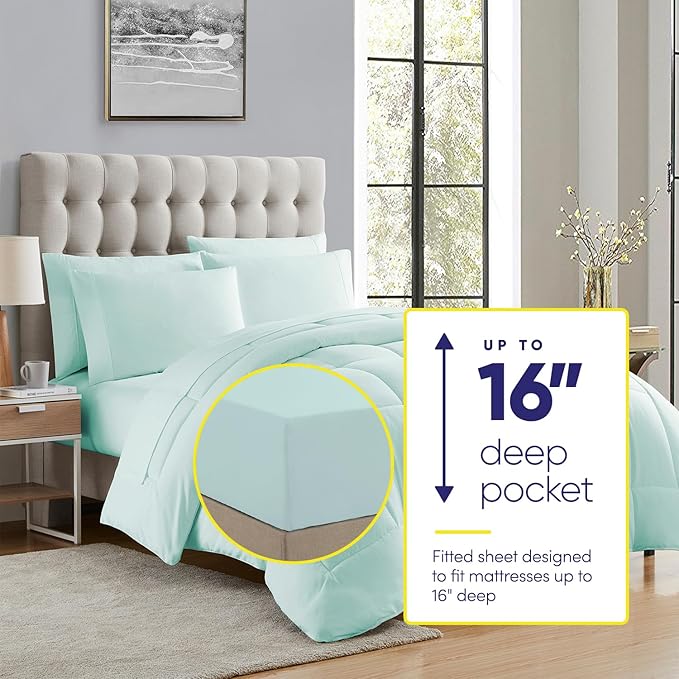 California King Comforter Set - Soft & Breathable 7-Piece Bedding Collection - 1 Comforter, 1 Fitted Sheet, 1 Flat, 4 Pillowcases - Deep Pocket - Premium Quality - Ideal for All Seasons, Aqua