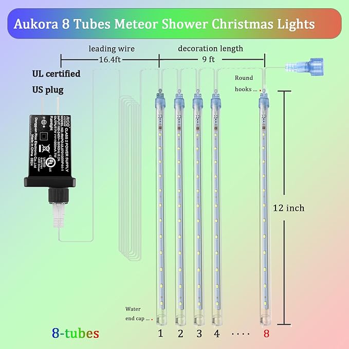 Aukora Christmas Lights Outdoor, UL Plug Halloween Lights Outside, LED Meteor Shower Light, 11.8in 8 Tubes 192 LEDs for Xmas, Wedding, Party, Holiday, Garden, Tree Decoration（Blue、Red、Green