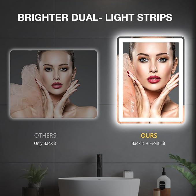 36x30 LED Bathroom Mirror with Lights, Rounded Rectangle Bathroom Mirror for Wall, Anti-Fog, Dimmable, Backlit + Front Lit, Lighted Bathroom Vanity Mirror Tempered Glass(Horizontal/Vertical)
