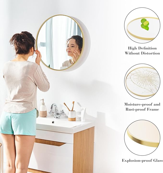 Sweetcrispy 24in Round Bathroom Mirrors for Wall, Bathroom Mirrors for Over Sink, Wall Decor for Bathroom, Entryway, Bedroom, Vanity, Classical Gold