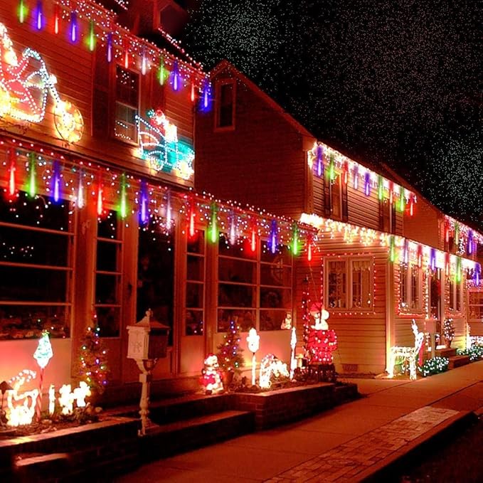 Kwaiffeo Multicolor Icicle Lights Outdoor, Waterproof 16-Tube Meteor Shower Lights for Christmas New Year Party Outside Decor, Equivalent to 2 Sets of 8-Tubes