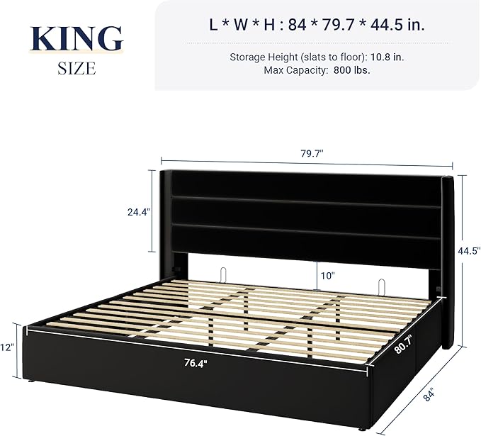 Allewie King Size Velvet Lift Up Storage Bed, Modern Wingback Headboard, Hydraulic Support, No Box Spring Needed, Black