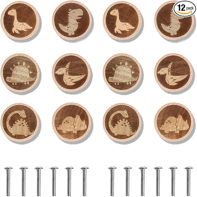 12 Pack Dinosaur Dresser Knobs 40MM/1.57" Wooden Cartoon Animal Cabinet Knob Kids Dresser Knobs Handle Drawer Knobs for Nursery