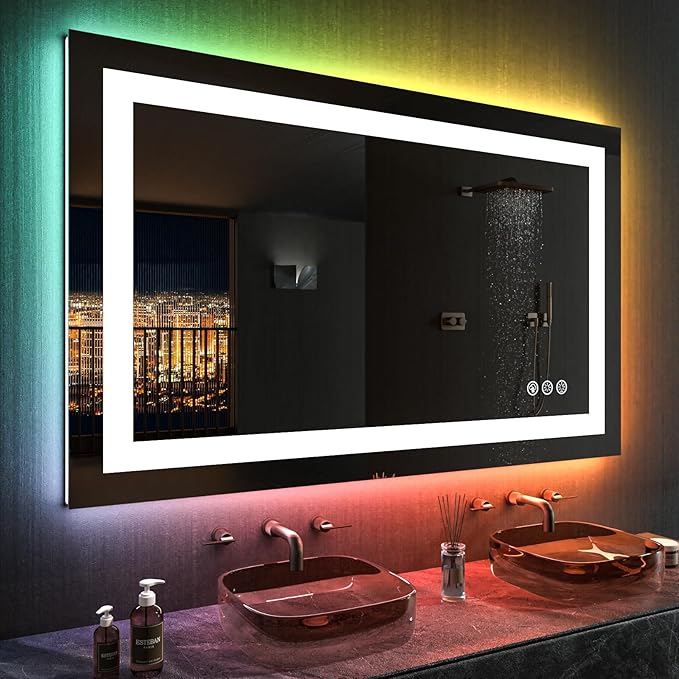 LOAAO 40"X24" LED Bathroom Mirror with Lights, Anti-Fog, Dimmable, RGB Backlit + Front Lighted, Bathroom Vanity Mirror for Wall, Memory Function, Tempered Glass (Safe to Use)