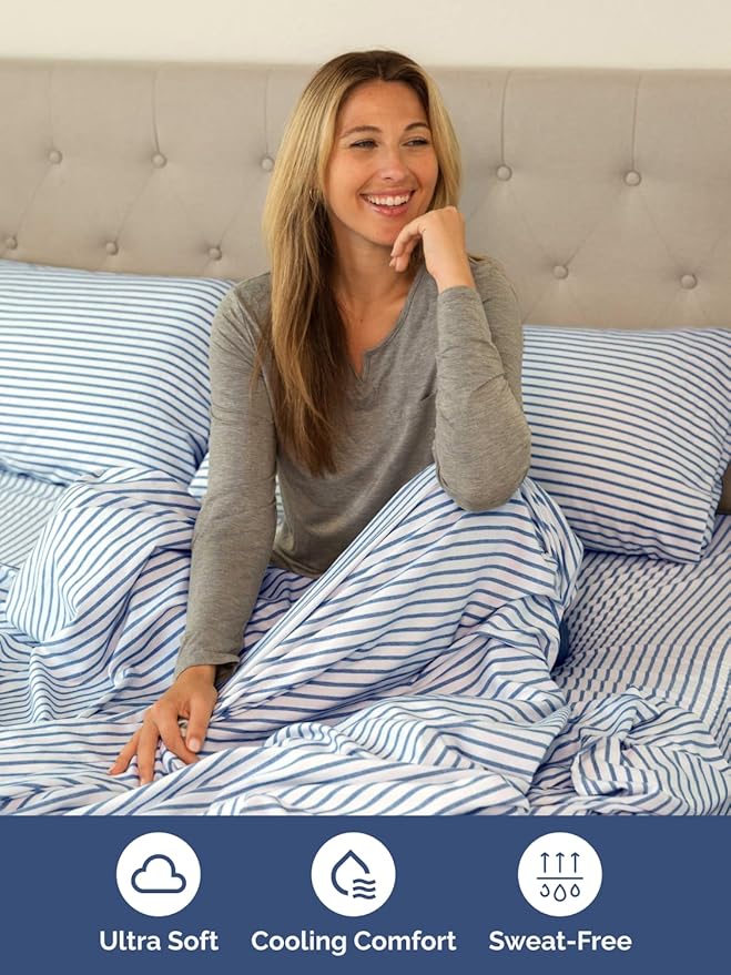 Extra Deep Split King Sheet Set - 7 Piece Breathable & Cooling Sheets - Hotel Luxury Bed Sheets Set - Easy Fit - Soft, Wrinkle Free & Comfy Sheets Set - Blue Striped Sheet Set w/Extra Deep Pockets