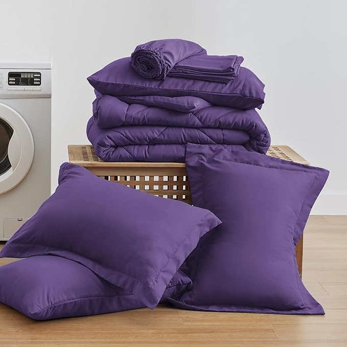 Love's cabin Queen Comforter Set Purple, 7 Pieces Queen Bed in a Bag, All Season Bedding Sets with 1 Comforter, 1 Flat Sheet, 1 Fitted Sheet, 2 Pillowcase and 2 Pillow Sham