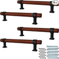 4Pcs 6.6” Walnut Wood Drawer Pulls, 128mm/5 Hole Center, Kitchen Cabinet Hardware Handles, Metal and Wooden Cabinet Knobs, T Bar Knob Pull Handles for Wardrobe, Dresser, Cupboard