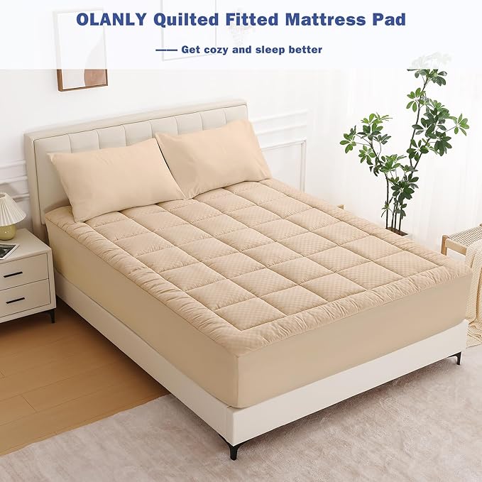 OLANLY Twin XL Quilted Fitted Mattress Pad – Soft Pillow Top Mattress Topper, Down Alternative Fill, Cooling Comfort Breathable Mattress Cover, Machine Washable Deep Pocket Mattress Protector, Beige