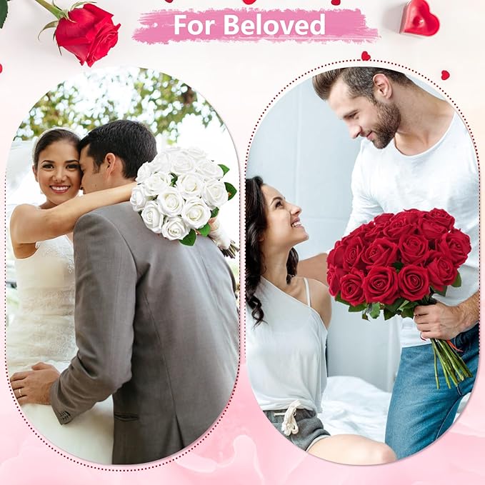 BLEUM CADE 50 Pcs White Roses Artificial Flowers, Real Touch Velvet Roses Fake Flowers Bulk, Artificial Roses Bouquet with Long Stems Bridal DIY Wedding Party Centerpiece Decorations