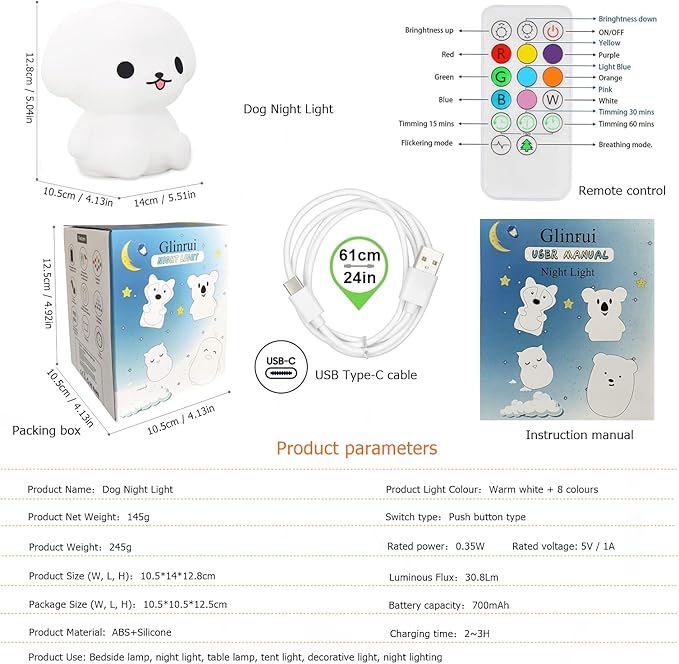 Night Lights Dog Silicone Bedside lamp for Children, Baby Nursery Light Decorative Lamps Decompression Light - Break Resistant/Eye Caring/Adjustable Brightness & Color/Time Setting - Medium